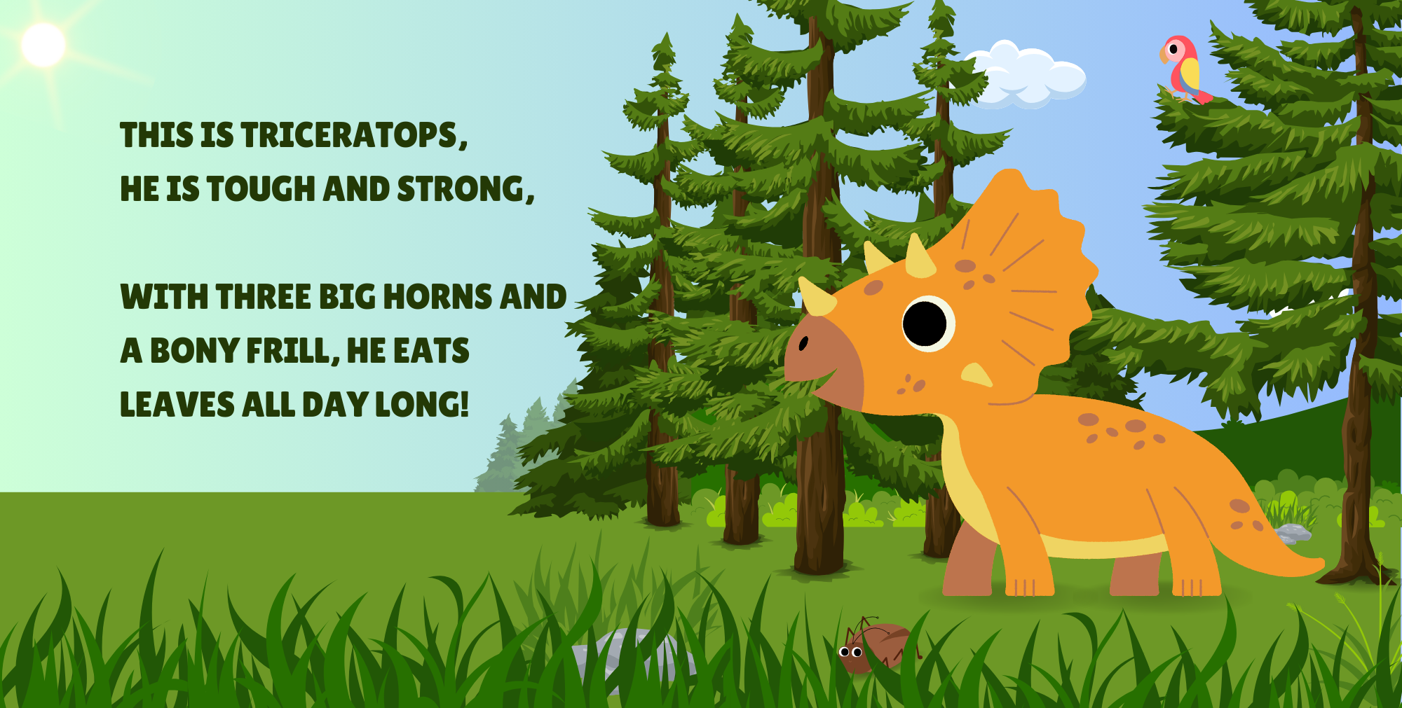 Triceratops from My First Dinosaurs Book – A colorful, educational dinosaur book for kids featuring fun facts, rhyming text, and an easy pronunciation guide for young readers.
